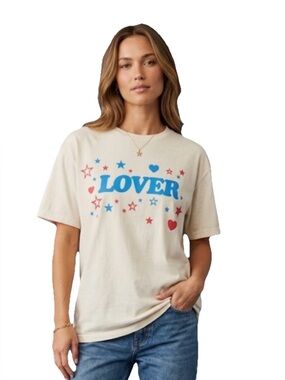 Bianca Chandon Lover Graphic Tee Women’s Cream Blue & Red Stars T Shirt Size XL